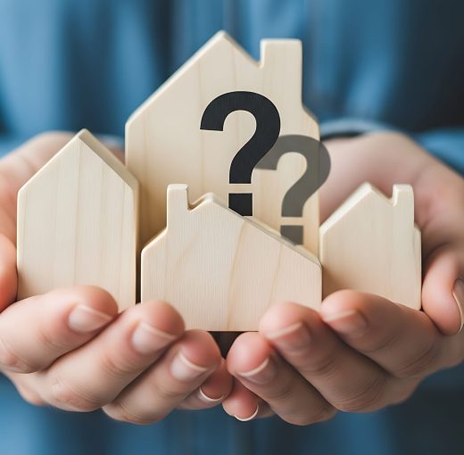 Hands hold several small wooden house shapes. Two of the houses have large black question marks printed on them, with a fainter question mark visible behind one. The background is a blurred blue fabric.